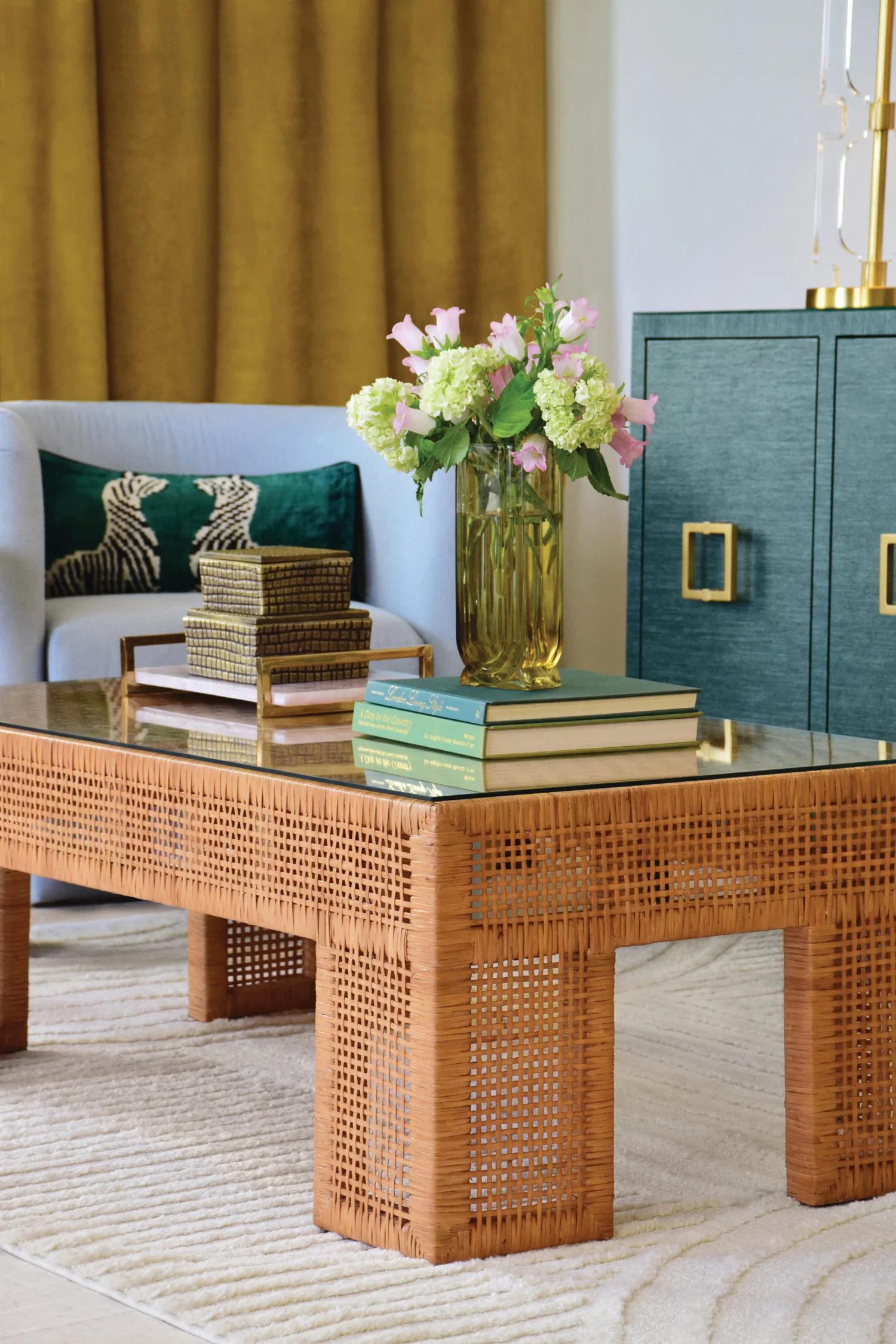 Worlds Away - Wide Leg Rectangular Rattan Coffee Table With Glass Top  - MONTAUK - Image 6